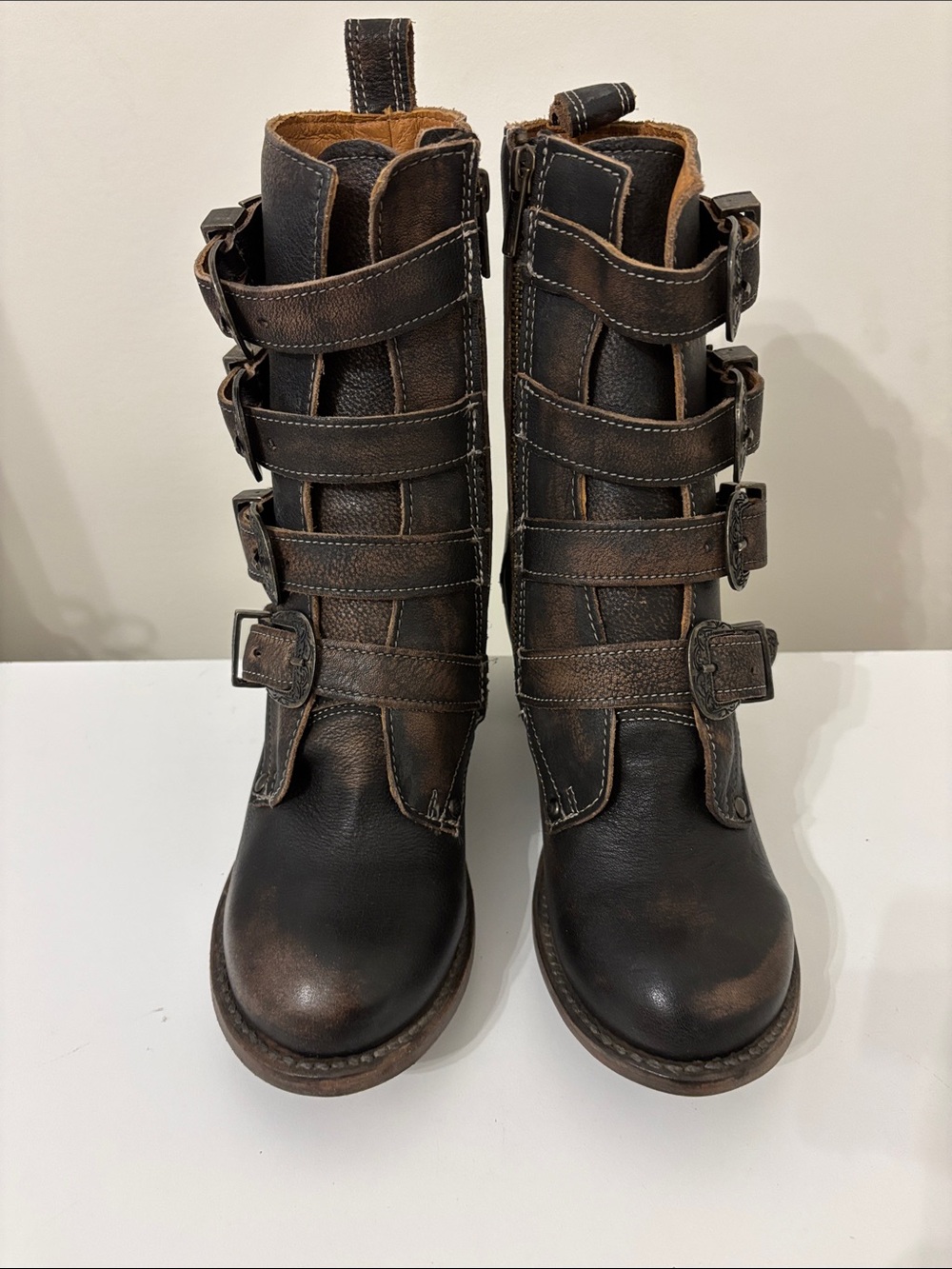 Freebird Belladonna Distressed Buckle Strap Mid-Calf Leather Boots - Dark Brown